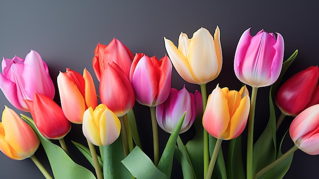 Tulipes colorées sur fond gris un tas de tulipes colorées