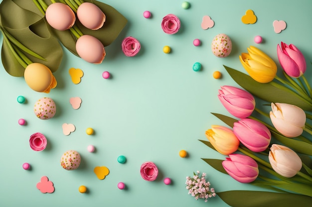 Tulipes colorées et oeufs allongés sur fond vert sarcelle avec espace de copie pour la célébration de pâques