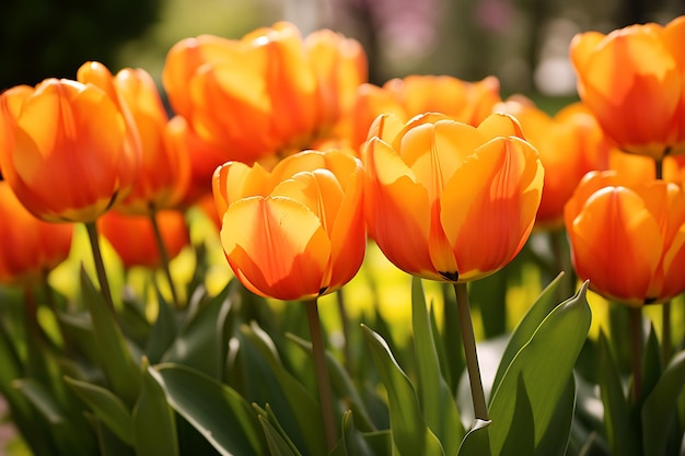 Des tulipes de couleur orange fleurissent dans le jardin.