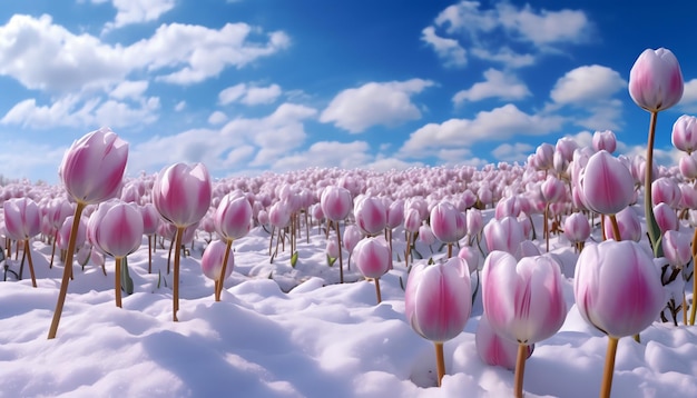 Tulipes dans la neige avec le ciel en arrière-plan