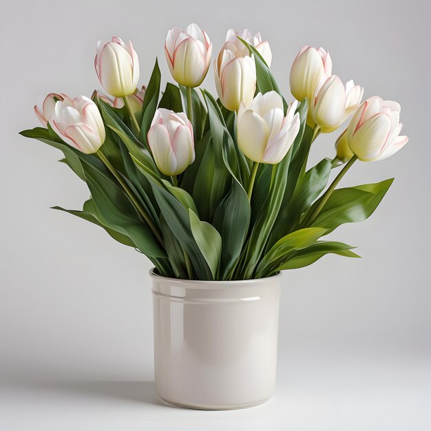 Des tulipes dans un pot blanc isolées sur le fond du studio