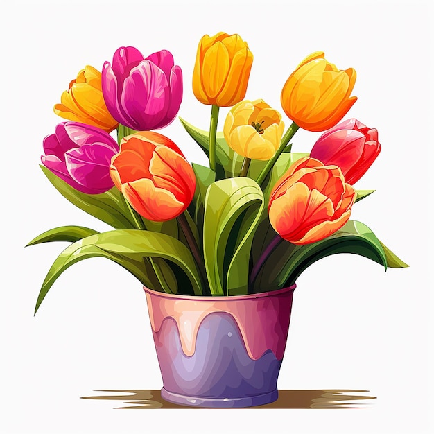 Les tulipes dans le vase bleu isolées sur le blanc