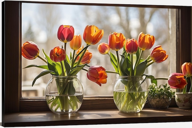 tulipes dans un vase devant une fenêtre de cuisine