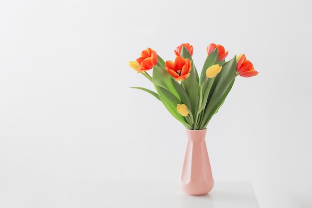 Tulipes dans un vase sur fond blanc