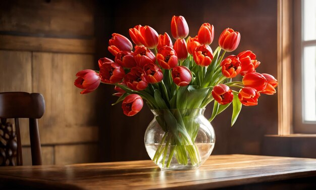 Photo des tulipes dans un vase sur une table en bois