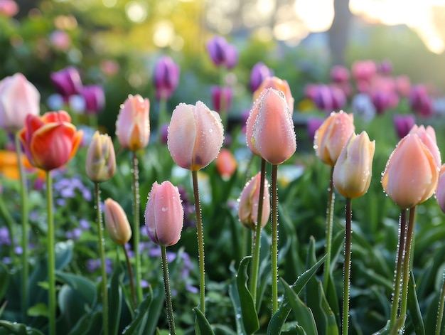 Des tulipes déchiquetées au soleil du matin.