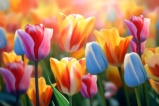 Des tulipes de différentes couleurs dans la nature au printemps