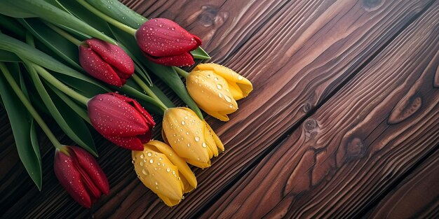 Des tulipes dorées et cramoisies attachées, ornées de gouttes d'eau, sur une table en bois.