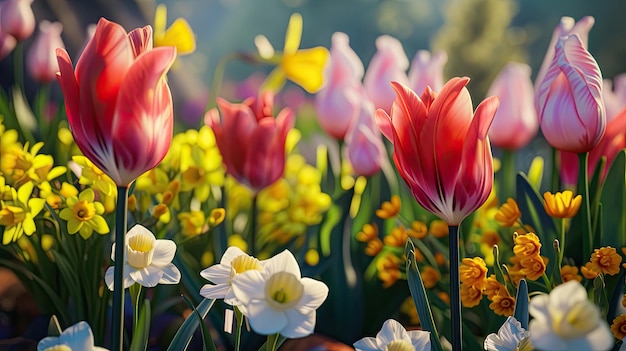 Les tulipes les fleurs les bourgeons les jonquilles les pionnées les lys les roses dattières le beurre au printemps le bouquet du mois de mars les cadeaux de vacances les parterres de fleurs donnent le jardin rouge jaune blanc généré par l'IA