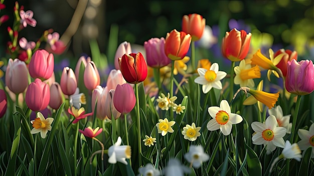 Les tulipes fleurs buttercup printemps bouquet de vacances cadeau parterre de fleurs donner rouge jaune blanc jardin champ odeur tige de bourgeon généré par l'IA