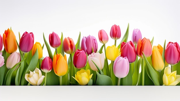 Tulipes en fleurs colorées avec des tiges de fleurs et des boutons floraux sur fond blanc Tulipes colorées