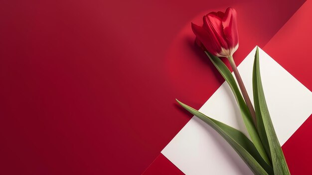 Photo des tulipes en fleurs avec du papier blanc sur un fond rouge ardent