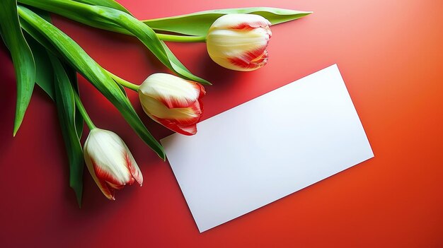 Photo des tulipes en fleurs avec du papier blanc sur un fond rouge ardent