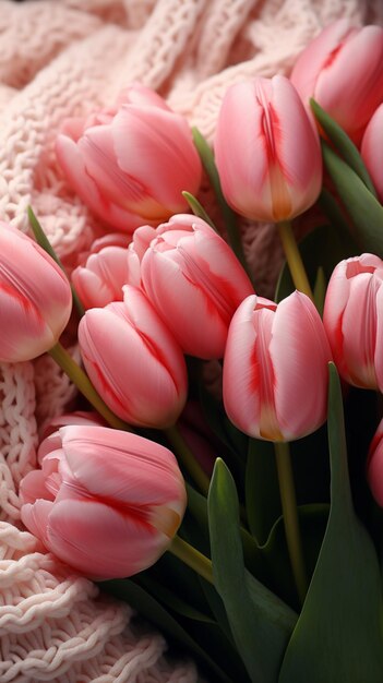 Des tulipes fraîches et un pull tricoté disposés dans un papier peint mobile vertical à plat et tendance