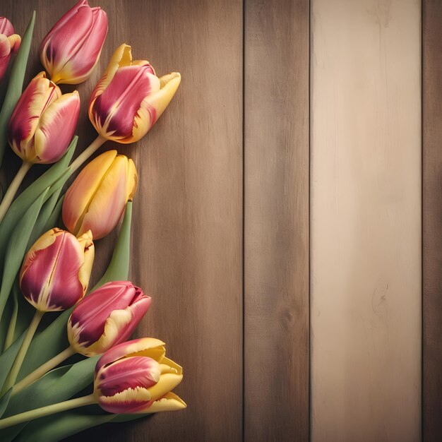 Des tulipes fraîches sur la toile de fond en bois brun