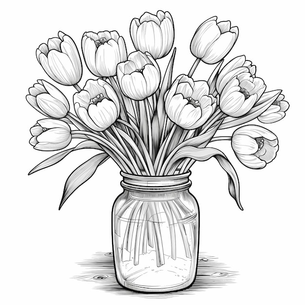 tulipes avec de grandes fleurs avec pot coloriage page pour enfants noir et blanc