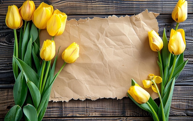 Des tulipes jaunes brillantes disposées à côté de papier vieilli sur un fond de bois rustique créent une esthétique vintage