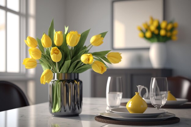 Photo tulipes jaunes dans un vase dans un élégant salon minimaliste. carte postale pour pâques. vacances de printemps