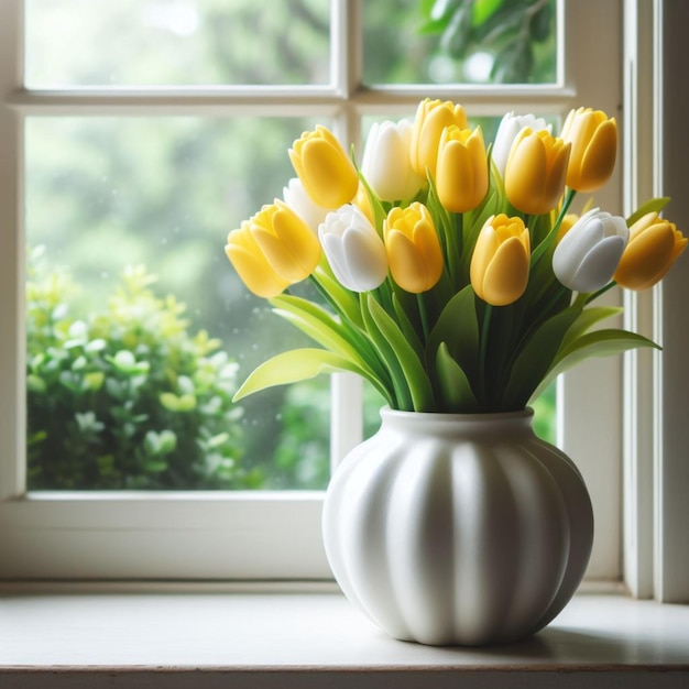 Des tulipes jaunes éclatantes en fleurs dans un environnement paisible