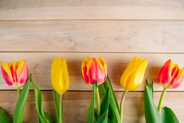 Tulipes jaunes sur fond de bois clair Concept de printemps et de vacances Place pour le texte