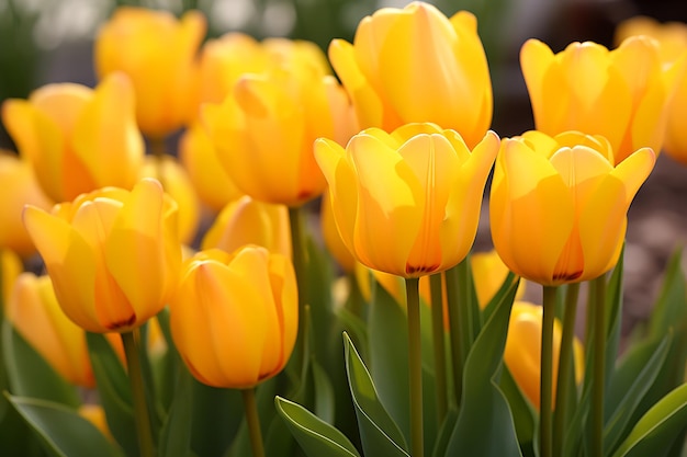 Des tulipes jaunes en gros dans le jardin