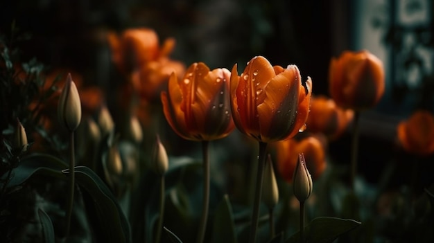 Tulipes jaunes avec rosée Generative AI