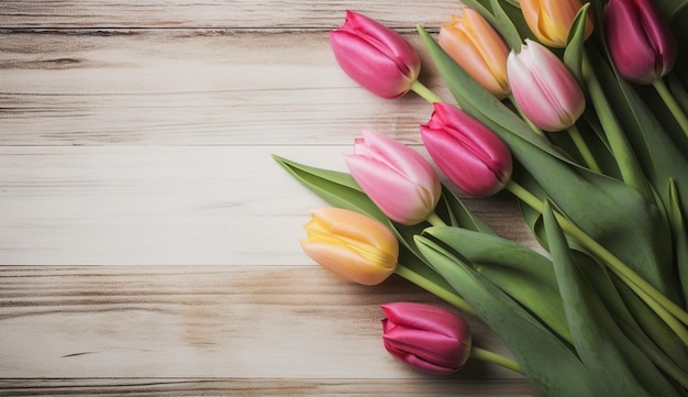 Tulipes de jour de la femme fête des mères présentes sur fond de bois