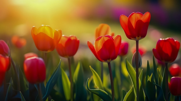 Des tulipes magnifiques et colorées poussent dans le champ.