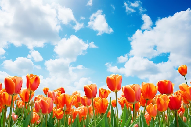 Des tulipes orange et un ciel bleu teinté de nuages