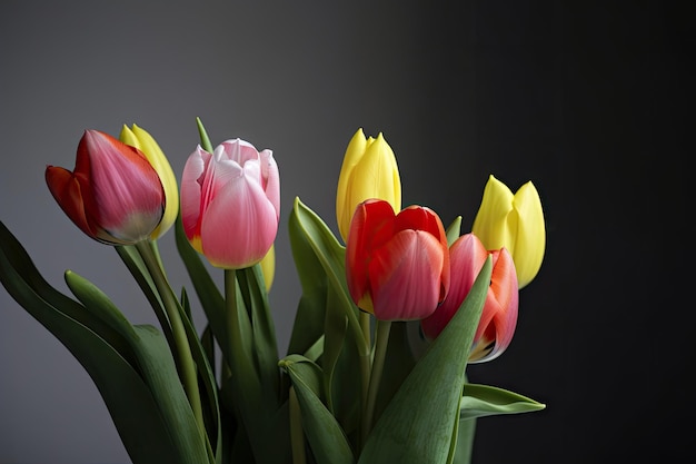 Tulipes printanières délicates fleurissant contre un ciel gris
