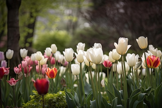 Tulipes printanières délicates fleurissant dans un jardin serein et paisible