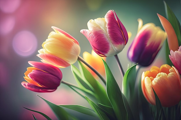 Tulipes printanières fraîches et vibrantes sur fond flou Bokeh avec espace de copie pour le texte