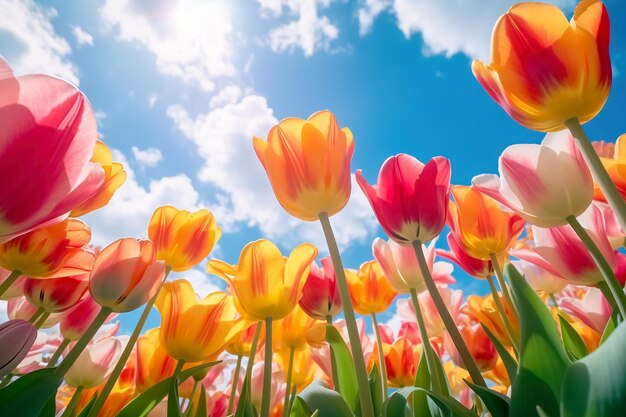 Photo des tulipes de printemps contre le ciel bleu par une journée ensoleillée