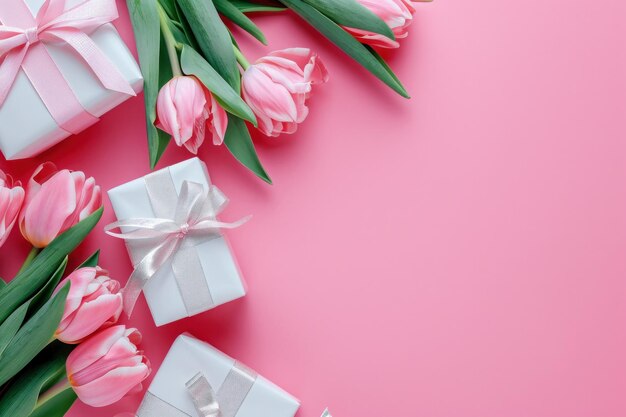 tulipes roses et arcs flottant sur une surface rose