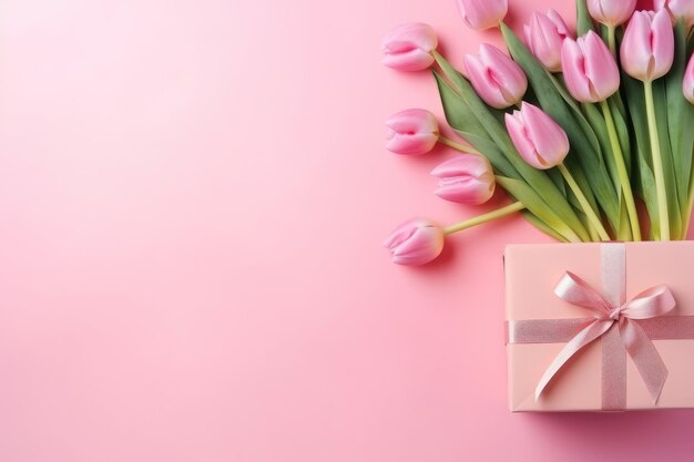 Des tulipes roses et une boîte cadeau sur un décor rose charmant