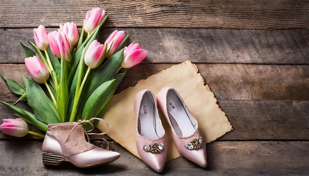 Des tulipes roses et des chaussures de princesse papier vintage sur fond de bois Espace libre pour votre texte