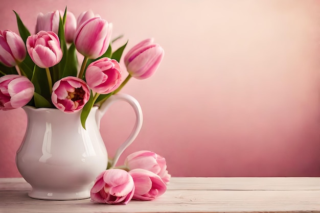 Tulipes roses dans un vase blanc sur une table en bois