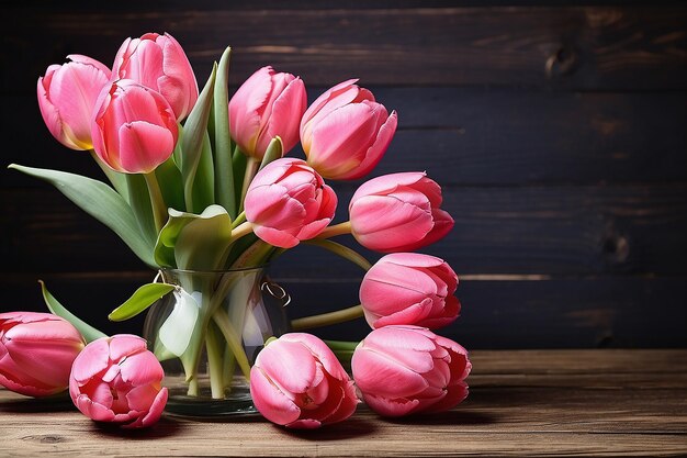 Des tulipes roses dans un vase sur un fond en bois