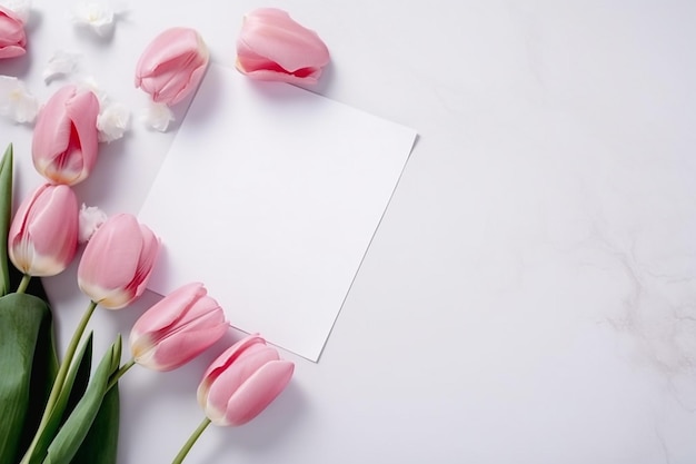 Tulipes roses sur fond blanc avec une carte vierge