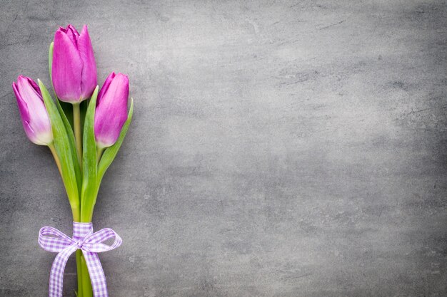 Tulipes roses sur fond gris.