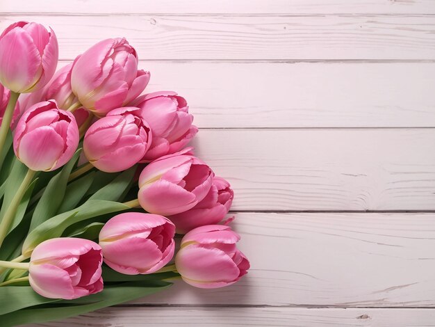 Tulipes roses sur fond texturé en bois blanc