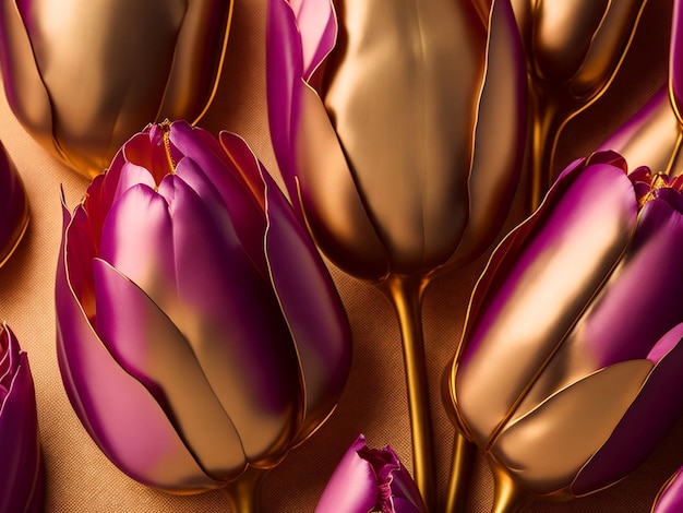 Photo tulipes roses sur fond violet avec des feuilles d'or