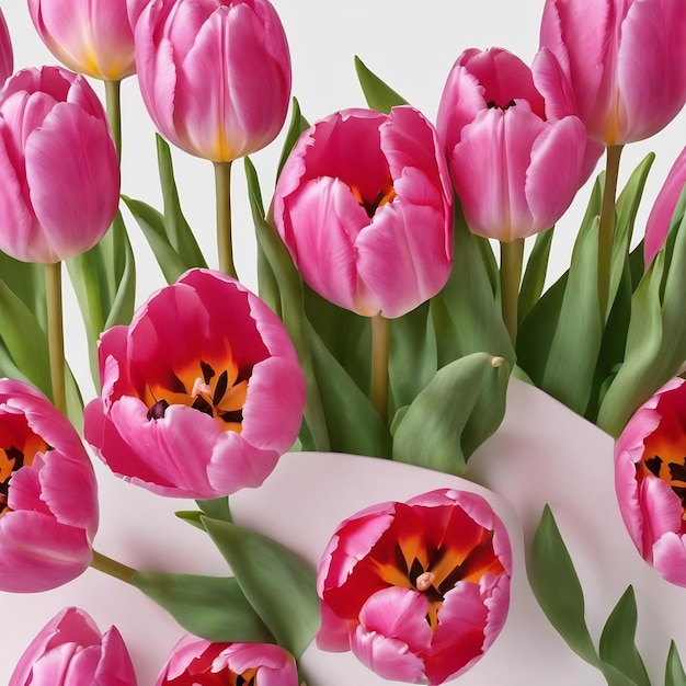 Des tulipes roses sur un mur blanc isolé