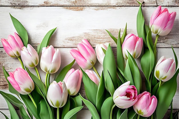 Tulipes roses printanières sur des planches de bois rustiques blanches pour la fête des mères Generative Ai