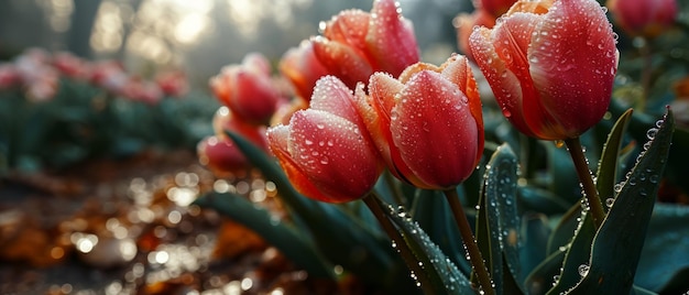 Les tulipes rouges baignées dans la pluie