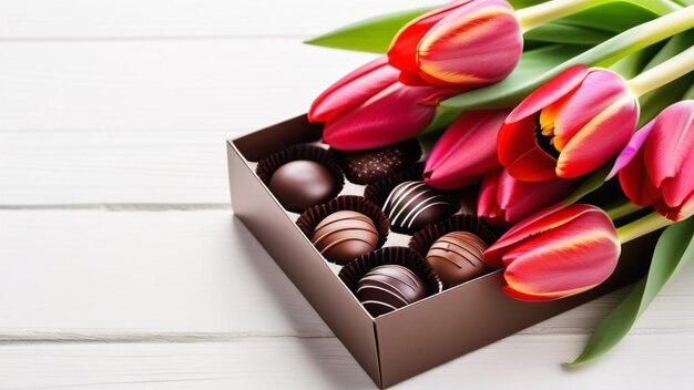 Des tulipes rouges et une boîte de bonbons au chocolat sur un fond en bois blanc.