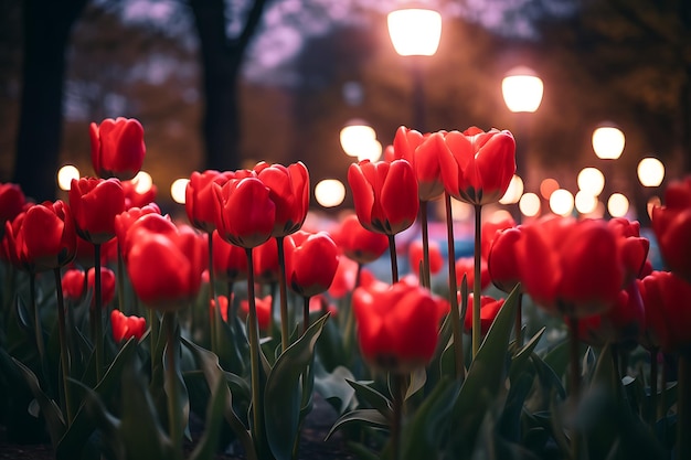 Des tulipes rouges dans le parc la nuit. Focus sélectif.