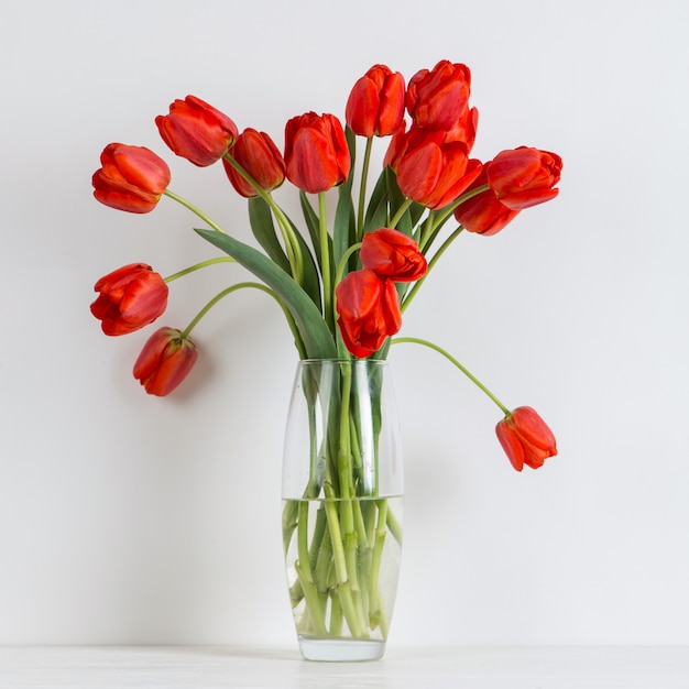 Tulipes rouges dans un vase sur la table blanc