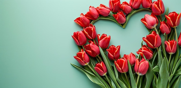 Des tulipes rouges disposées en forme de cœur sur un fond turquoise Concept d'amour et de romance