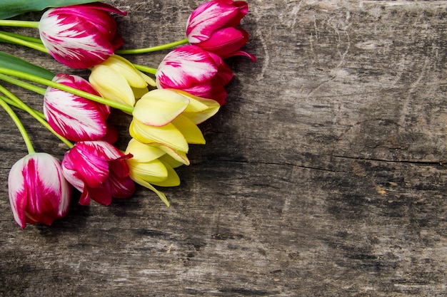 Tulipes rouges et jaunes sur fond de bois rustique avec copie espace